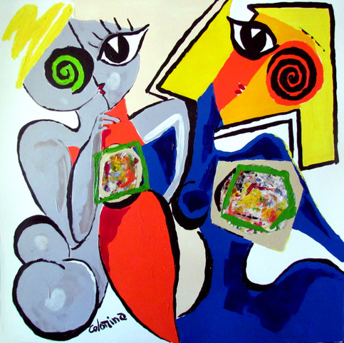 Les 2 Copines, technique mixte sur toile de Jorge Colomina — Galerie Maner, Pont-Aven