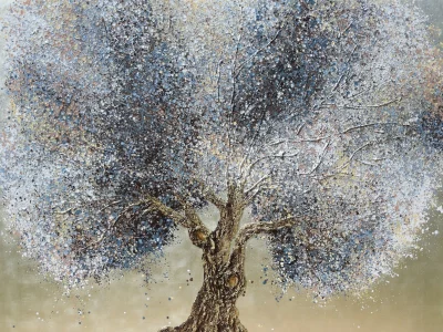 Claire et Siri, arbre de vie travaille a 4 mains, arbre bleu et marron, grand format, texture tronc