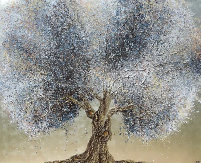 Claire et Siri, arbre de vie travaille a 4 mains, arbre bleu et marron, grand format, texture tronc