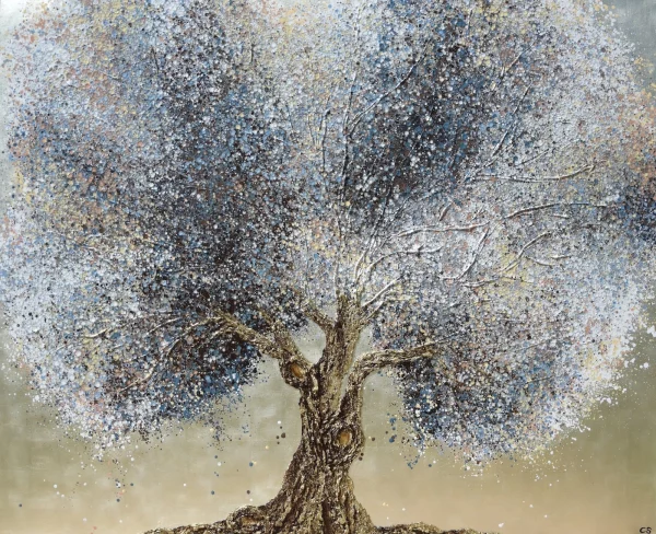 Claire et Siri, arbre de vie travaille a 4 mains, arbre bleu et marron, grand format, texture tronc