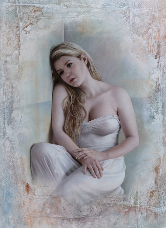 Magnifique peinture d'une jeune femme nue enroulée dans un drap, la tête posé contre un mur.