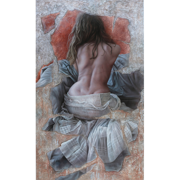 Magnifique peinture d'une femme nu de dos entourée de draps.