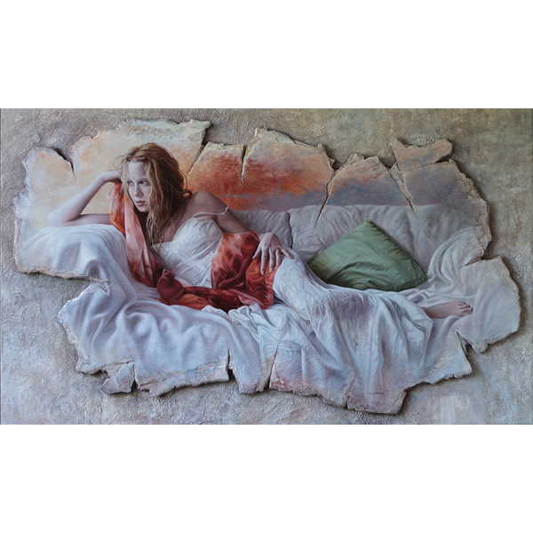Magnifique peinture d'une femme allons sur un sofa qui scrute l'horizon