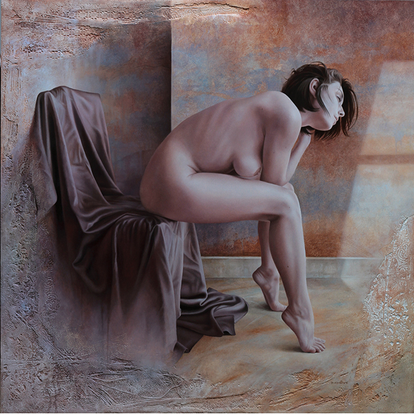 Magnifique peinture d'une femme nue sur une chaise qui se tiens la tete et regard vers la lumière