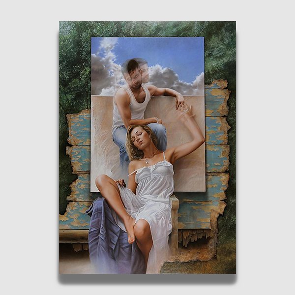 Magnifique peinture d'une femme et d'un homme semblant être à la campagne sous un soleil d'été.