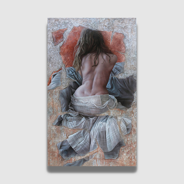 Magnifique peinture d'une femme nu de dos entourée de draps.