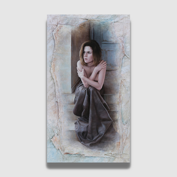 Magnifique peinture d'une femme nue assise sur le palier d'une maison.