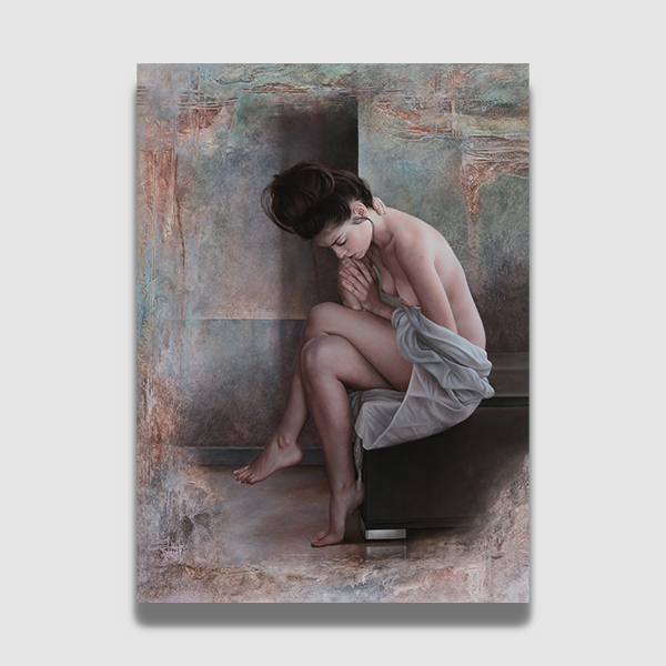 Magnifique peinture d'une femme nue, entourée d'un drap.