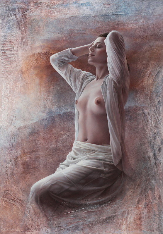 Magnifique peinture d'une jeune femme nue qui se caresse les cheveux.