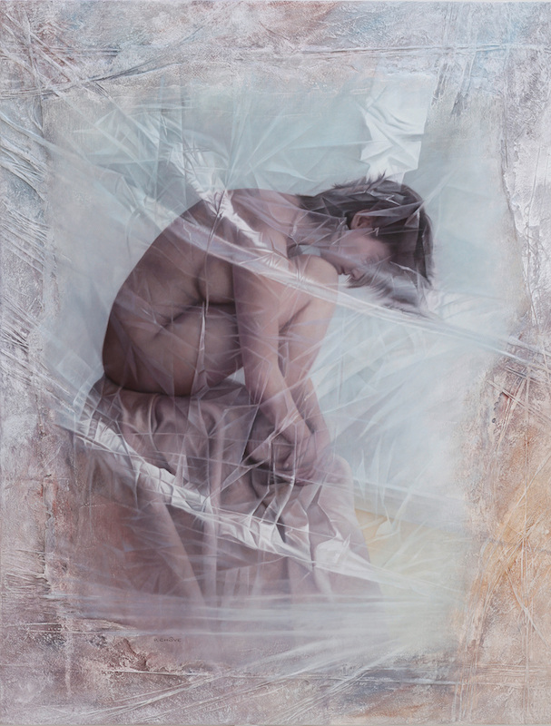 Magnifique peinture d'une femme nue recroquevillée sous un effet de brume