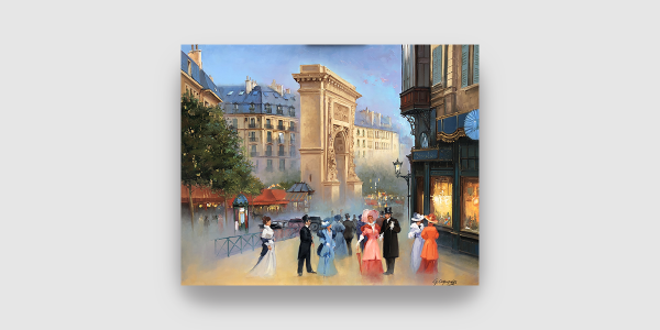 Porte de Saint-Denis Huile sur toile 65x54 cm Rue Mythique de Paris Scène de vie du quartier Parisien dans les 1900 - Porte de Saint-Denis Magnifique couleurs et technique réalisée par l'artiste Français Georges COROMINAS A découvrir à la Galerie Maner de Pont-Aven en Bretagne France