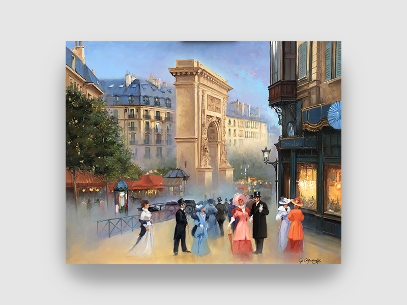 Porte de Saint-Denis Huile sur toile 65x54 cm Rue Mythique de Paris Scène de vie du quartier Parisien dans les 1900 - Porte de Saint-Denis Magnifique couleurs et technique réalisée par l'artiste Français Georges COROMINAS A découvrir à la Galerie Maner de Pont-Aven en Bretagne France
