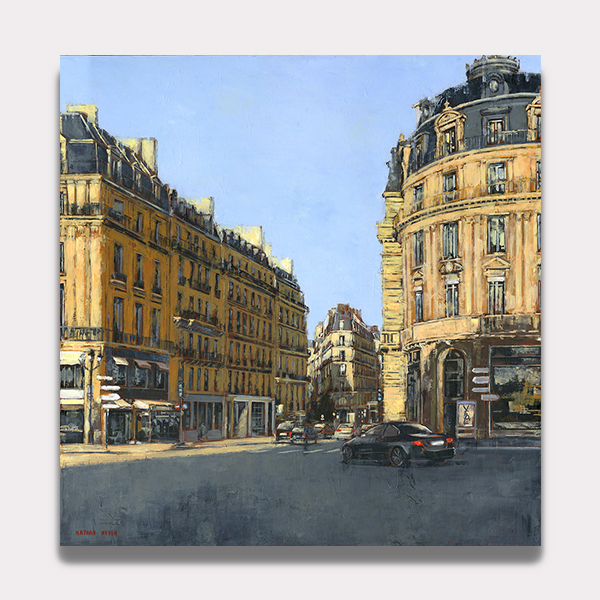 Magnifique peinture de l'artiste Nathan NEVEN Huile sur toile "4 Septembre" 100*100 cm qui représente la ville de Paris les quartiers de Parisiens Architecture Haussmannienne