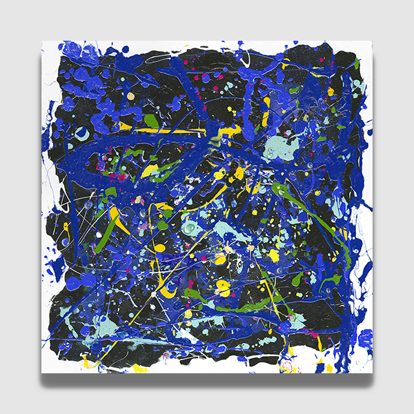 Magnifique Peinture des artistes français Les frères BONNEC Technique Mixte sur Toile La Goute d'Eau 80*80 cm Explosion de couleurs Nuance de bleu Jackson Pollock JoneOne à découvrir à la Galerie Maner de Pont-Aven en Bretagne