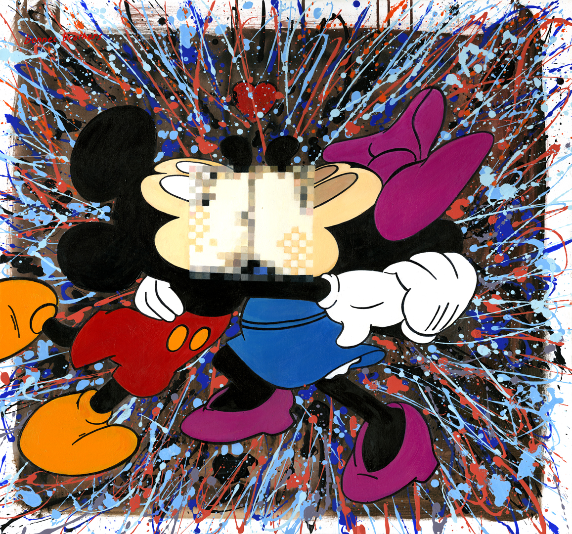 Magnifique Peinture des artistes français Les frères BONNEC Technique Mixte sur Toile Mickey 80*80 cm Explosion de couleurs Mickey Mouse Minnie Walt Dinsey Jackson Pollock JoneOne à découvrir à la Galerie Maner de Pont-Aven en Bretagne