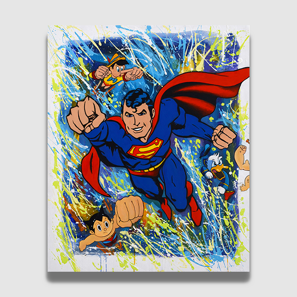Magnifique Peinture des artistes français Les frères BONNEC Technique Mixte sur Toile Superman 100*81 cm Marvel Explosion de couleurs Jackson Pollock JoneOne à découvrir à la Galerie Maner de Pont-Aven en Bretagne