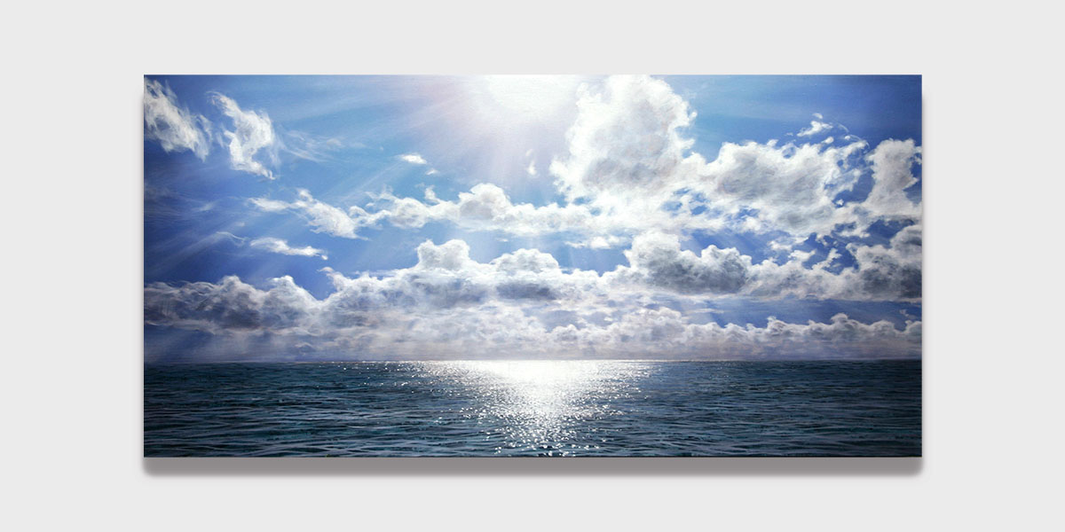 Magnifique Paysage Maritime de l'artiste Belge Eléonore Bernair Pleine Mer avec des nuages et le ciel qui se couche Iles Baléares ciel dégagé à découvrir toute l'année à la Galerie Maner de Pont-Aven en Bretagne Finistère Sud