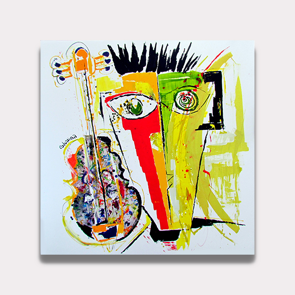 Peinture abstraite figurative avec plusieurs visages colorés en un seul et violon pont-aven Galerie Maner peintre espagnol