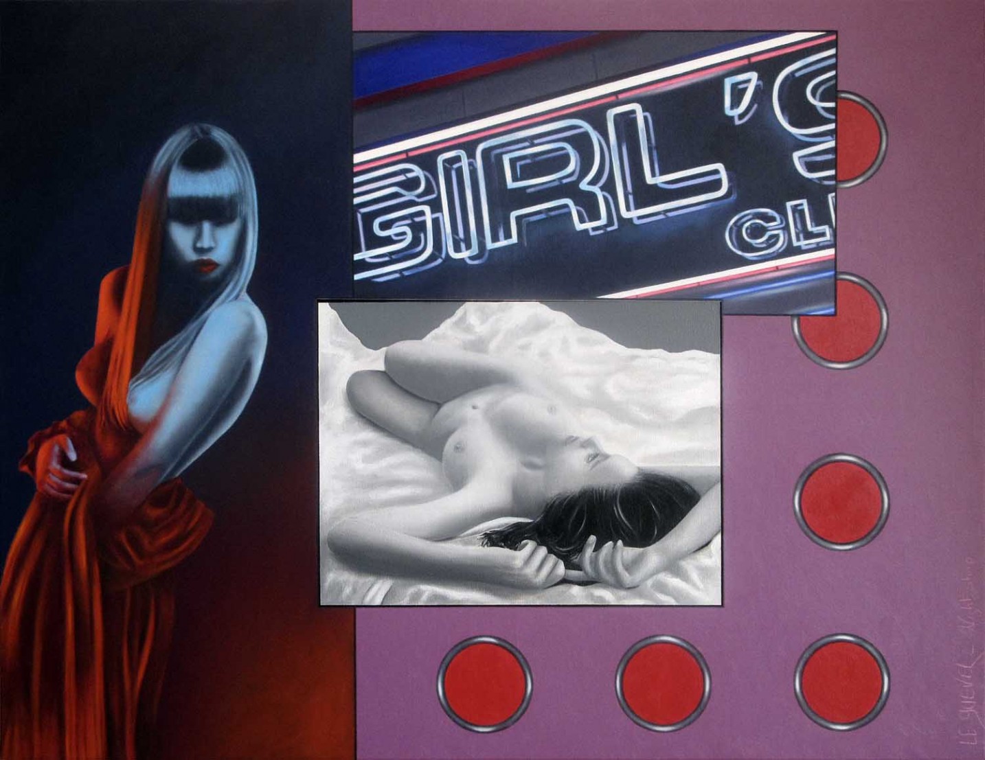 Magnifique peinture composé de plusieurs images avec des femmes dénudés en référence au monde de la nuit