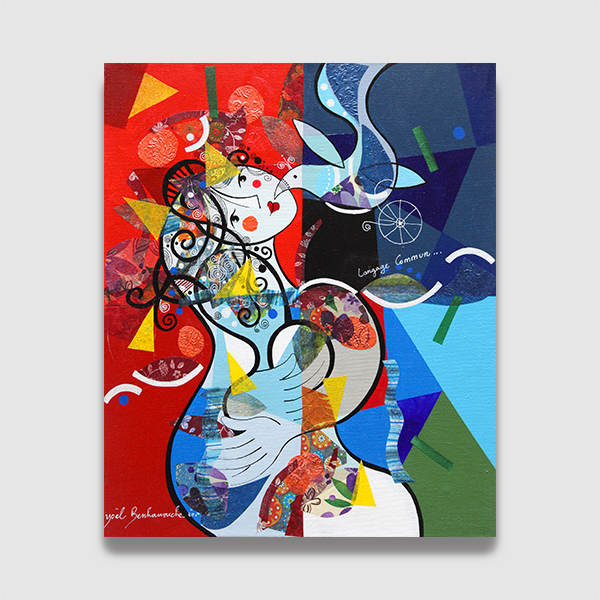 Magnifique toile colorée de l'artiste peintre Benharrouche. Amour Poésie Technique mixte sur toiler Exposition Galerie Maner Pont-Aven en Bretagne France