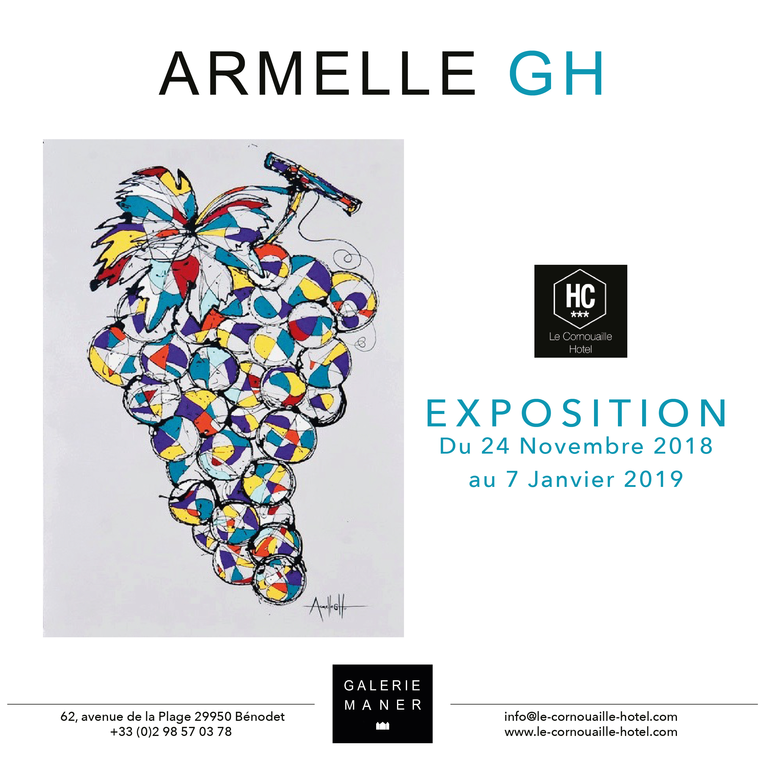 superbe exposition Armelle GH peinture fruits raisin cerise Hotel le Cornouaille hotel bénodet art contemporain Galerie Maner pont aven