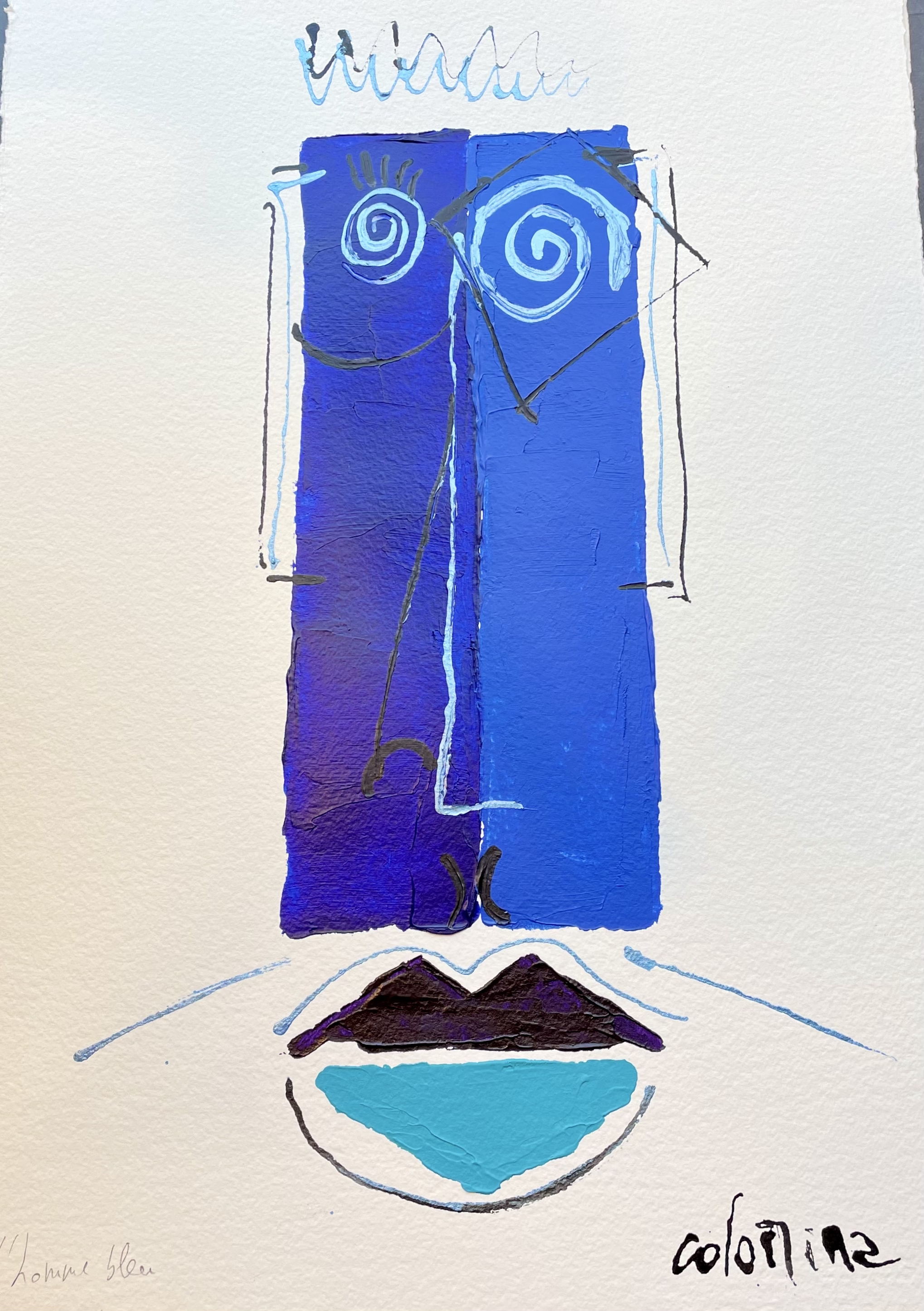 L'homme bleu_38x58 cm_vélin d'arche_Oeuvre de l'artiste Jorge Colomina à la Galerie Maner_art contemporain_art abstrait