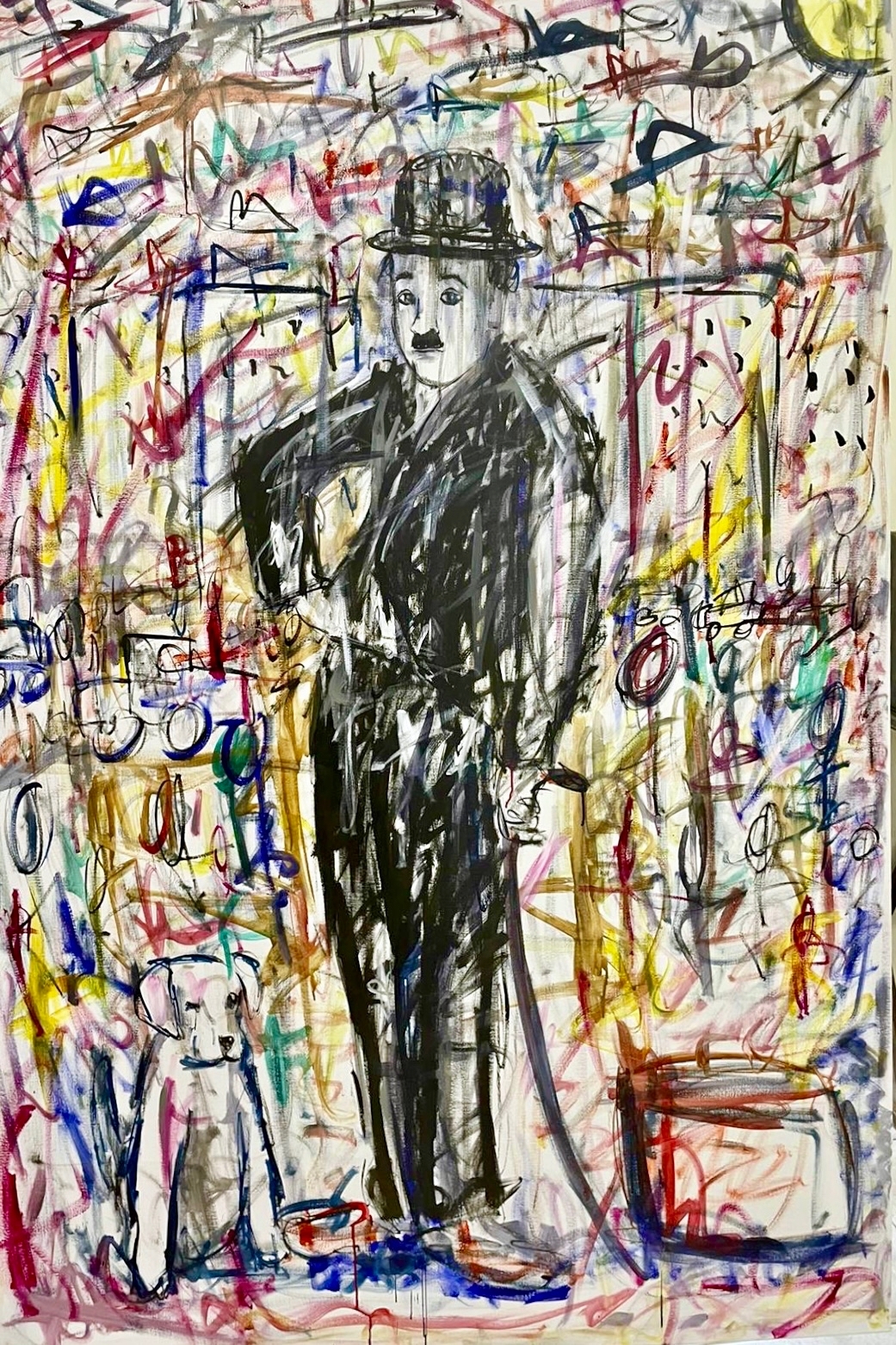 Charlie Chaplin sur fond de couleur. de l'Artiste kiko. Résine sur toile, encre de chine et aérosol