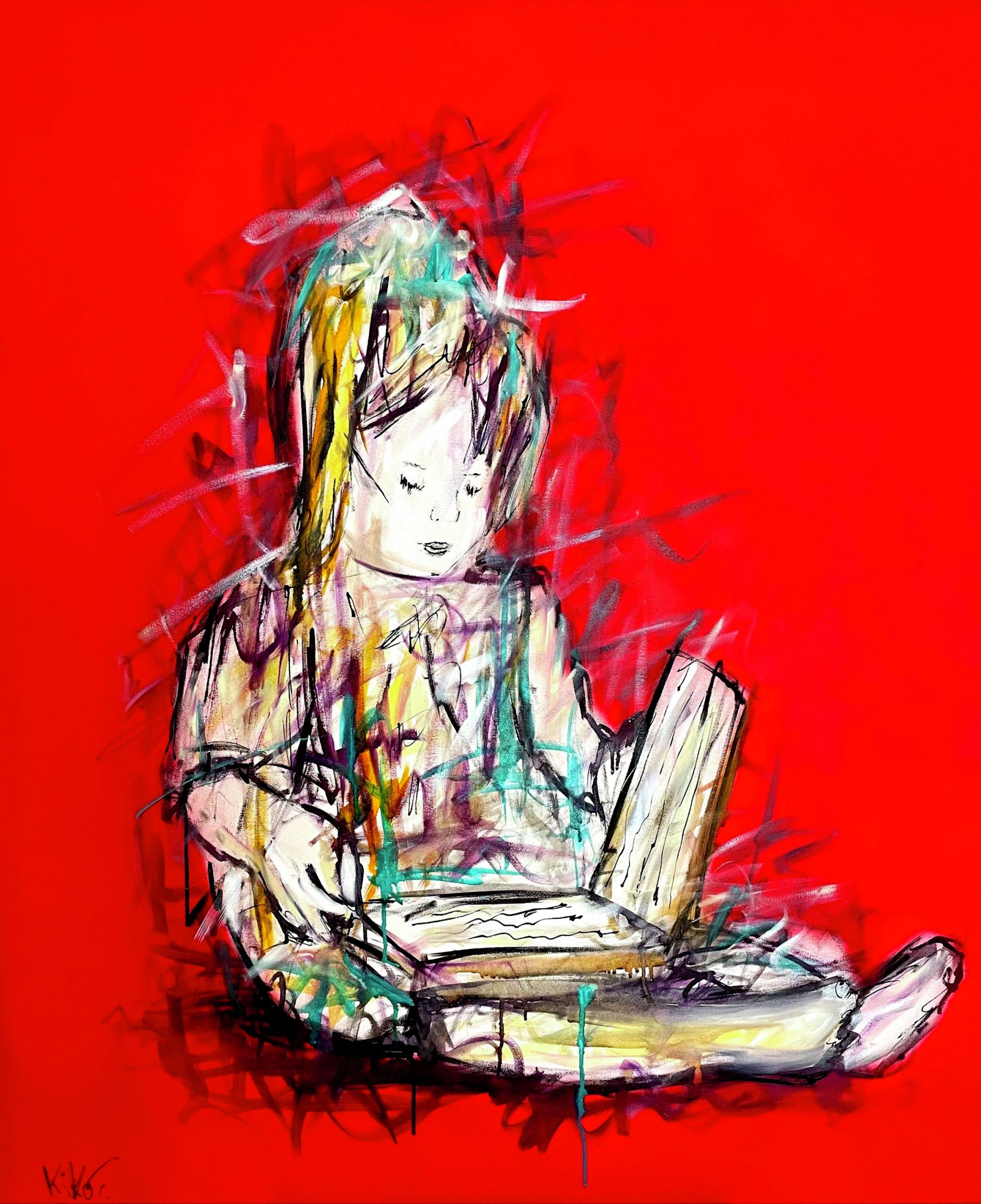 Petite fille lisant un livre sur fond rouge, de l'Artiste Kiko, encres de chine aérosol et résine sur toile
